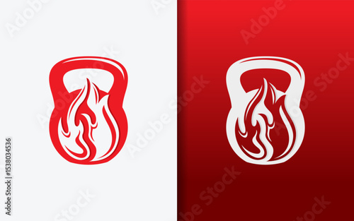 Abstract fitness logo merging fire element with kettlebell symbol of power and workout passion.