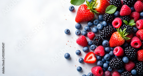 Fresh Mixed Berries on White Background with Space for Text or Design