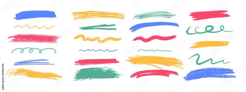 Colorful chalk underline and scrawl stroke set. Hand drawn pastel brush lines, wavy and curly underlines, crayon highlight elements.