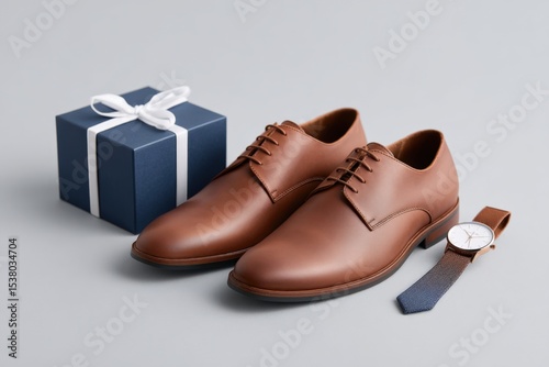 Gift box, pair of leather shoes, and watch are displayed on surface. Accessories, fashion, style, present, elegance, luxury