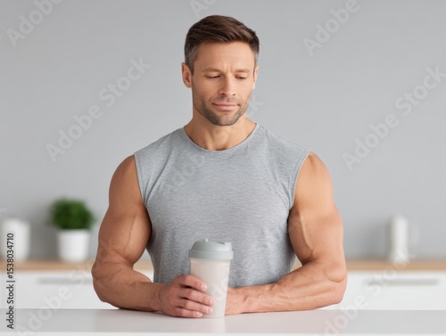 Muscular man looks at protein shake in kitchen. Healthy lifestyle, fitness nutrition, bodybuilder, muscle gain, supplement