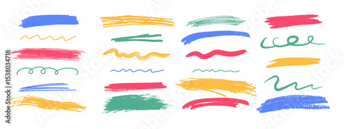 Colorful chalk underline and scrawl stroke set. Hand drawn pastel brush lines, wavy and curly underlines, crayon highlight elements.