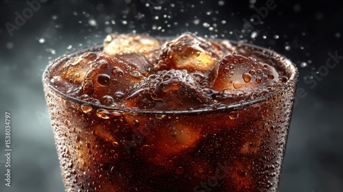Refreshing cold soda beverage with ice cubes and bubbles in a glass on a dark background ideal for drinks and summer refreshments
