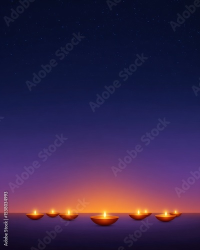 Illuminated oil lamps glow in the twilight sky. Diwali, hindu festival, light celebration, spirituality, hope.