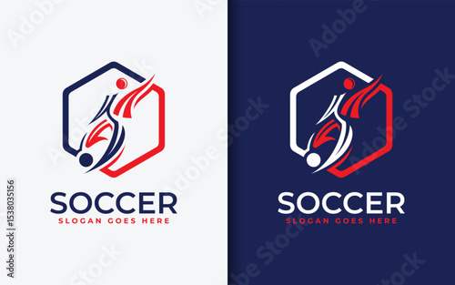 Abstract soccer logo with kicking player silhouette inside hexagon shape. Sport vector illustration.