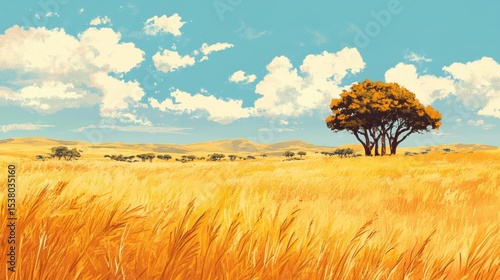 Golden African Savanna Landscape Serene Sunny Day with Tall Grass and Acacia Tree