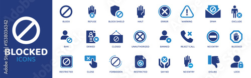 Blocked - Icon Collection. Thin Line Set contains such Icons as Blocked, Stop, Ban, Denied, Cancel, Error, Forbidden and more. Simple web icons set.