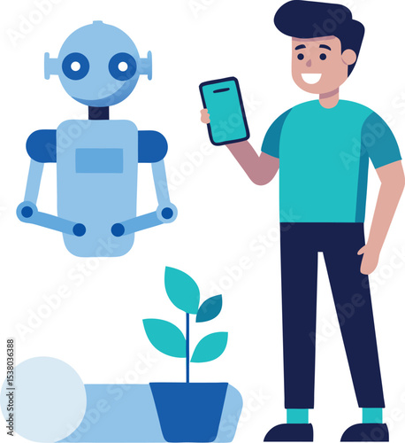 Young Man Using a Smartphone While AI Robot Provides Assistance