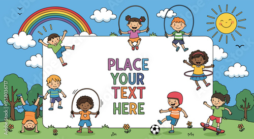 Adobe illustrator artwork vector illustration featuring a blank banner template, surrounded by happy kids enjoying various summer activities. Emphasizing happy kids and healthy kids lifestyle