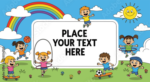 Adobe illustrator artwork vector illustration featuring a blank banner template, surrounded by happy kids enjoying various summer activities. Emphasizing happy kids and healthy kids lifestyle