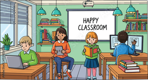 Adobe illustrator artwork vector illustration of a lively classroom with diverse kids engaging in various learning activities, promoting a happy and educational environment