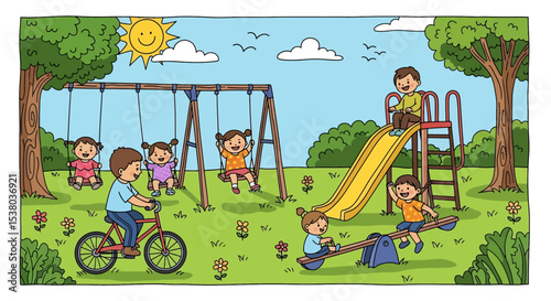 Adobe illustrator artwork vector illustration of joyful children playing happily in a vibrant summer playground, featuring swings, slides, bikes, and skateboards under a sunny sky