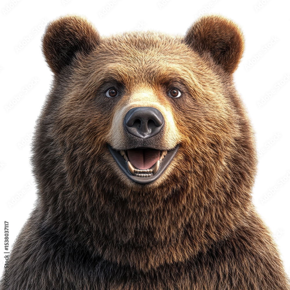 Fototapeta premium Portrait of a smiling brown bear 3d illustration isolated on transparent background.