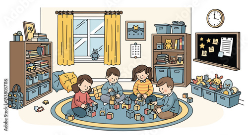 Adobe illustrator artwork vector illustration of cheerful children playing with colorful blocks in a bright kindergarten classroom, promoting fun and engaging learning activities