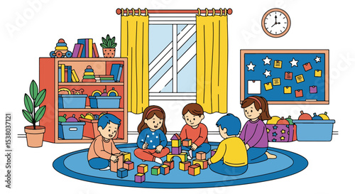 Adobe illustrator artwork vector illustration of cheerful children playing with colorful blocks in a bright kindergarten classroom, promoting fun and engaging learning activities