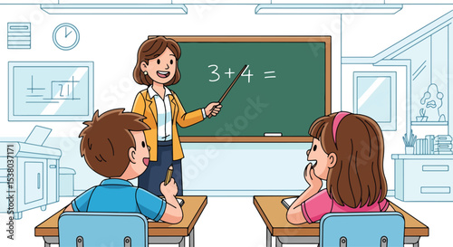 Adobe Illustrator Artwork A bright vector illustration of a teacher guiding two happy kids in a classroom, perfect for themes of education, learning, and engaging children's activities