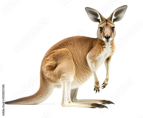 A red kangaroo sits upright against a white background, showcasing its powerful physique and distinctive features.