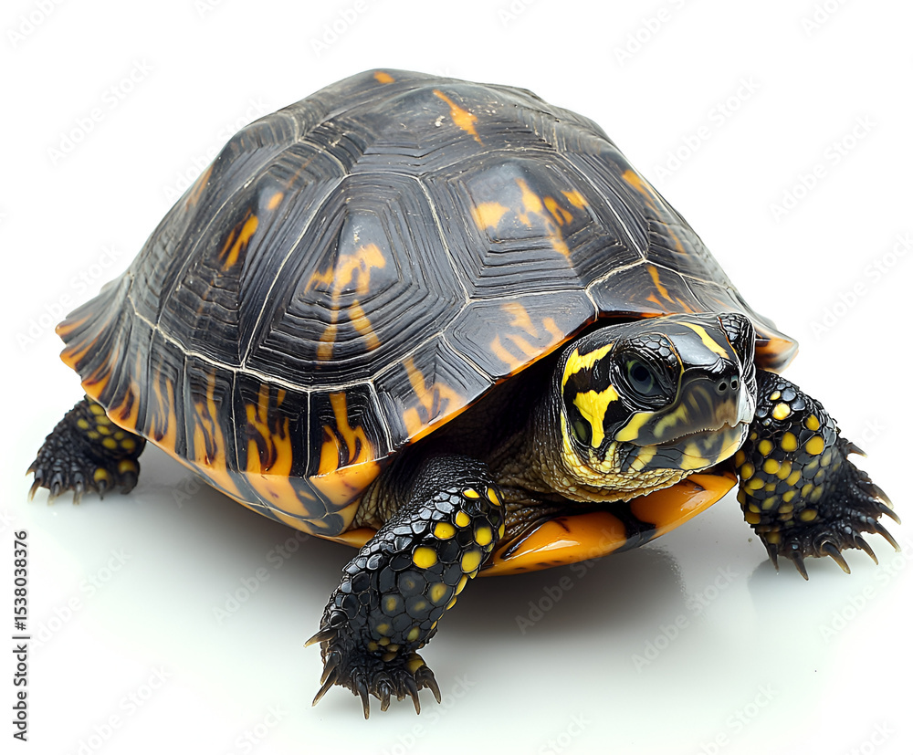 Obraz premium A close-up studio shot of a turtle with a detailed shell and yellow markings.
