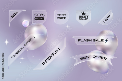 Transparency glass label with balloon and gradient background. Transparency banner set.