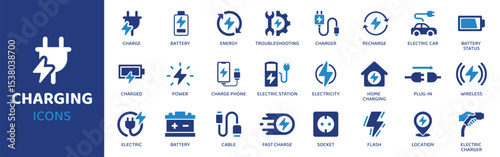 Charging - Icon Collection. Thin Line Set contains such Icons as Charging, Battery, Plug, Power, Cable, USB, Port and more. Simple web icons set.
