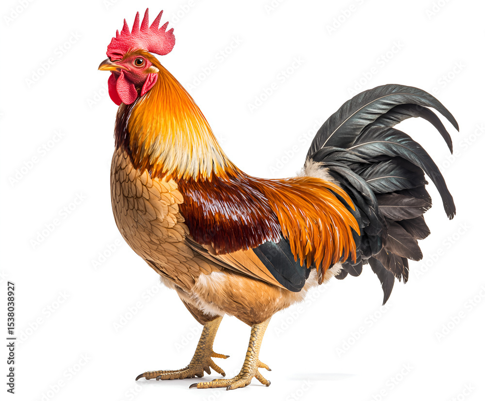 Fototapeta premium A vibrant rooster stands proudly, showcasing its colorful plumage and distinctive comb against a plain white background.