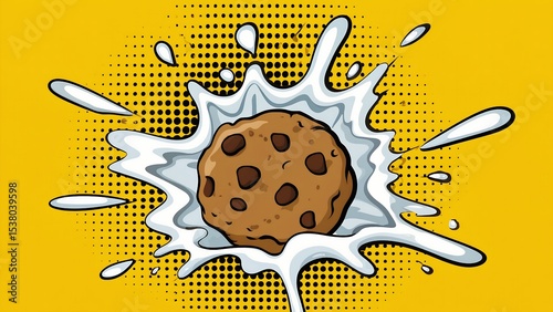 A chocolate chip cookie being submerged in a splash of milk against a yellow background.