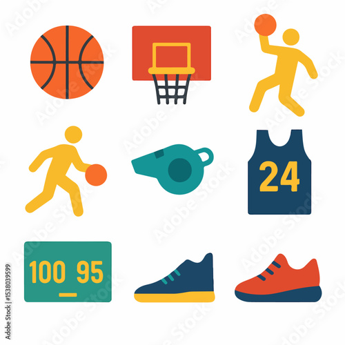 Colorful flat design basketball icons perfect for web design, mobile apps, and sports-themed projects. Includes key basketball elements and equipment.