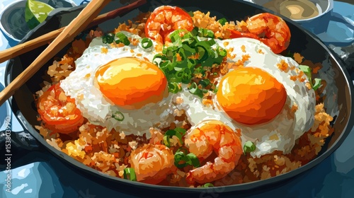 Delicious seafood rice dish with sunny side up eggs, shrimp, green onions, and seasoning served in a black bowl with chopsticks on a dark surface