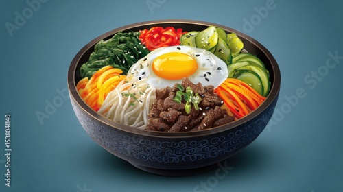 Delicious Korean Bibimbap Bowl with Fresh Vegetables, Cooked Beef, Sunny Side Up Egg, Spicy Gochujang Sauce, and White Rice Served in a Black Bowl on Blue Background