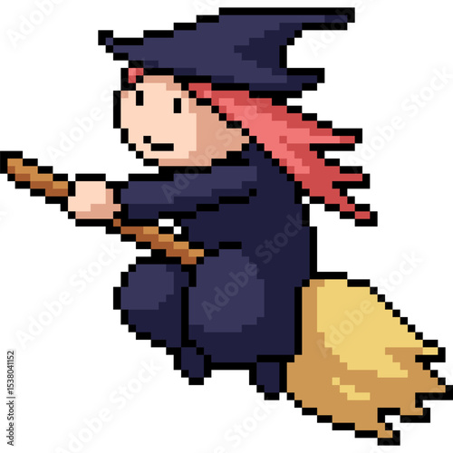 pixel art of witch girl broom fly