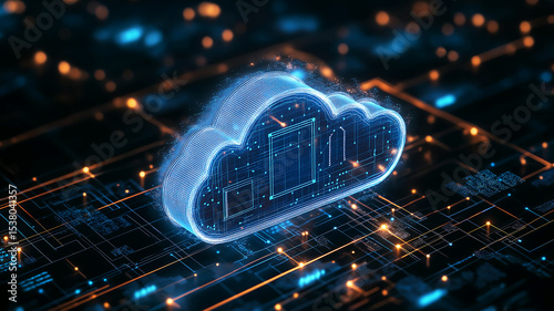 Futuristic 3D Cloud Icon with Glowing Data Streams and Digital Network on Tech Grid