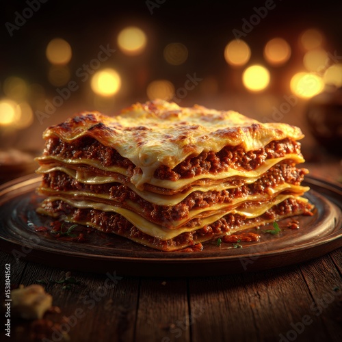 Delicious layered lasagna dish with melted cheese and seasoned meat sauce served on a dark plate with warm bokeh lights in the background, perfect for dinner