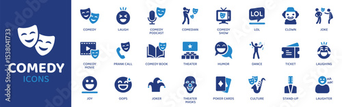 Comedy - Icon Collection. Thin Line Set contains such Icons as Comedy, Laugh, Joke, Smile, Grin, Chuckle, Gag and more. Simple web icons set.