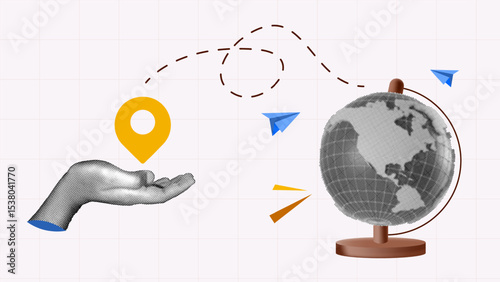 halftone collage, global locations and travel hand with location pin points, globe, and paper airplane, worldwide reach