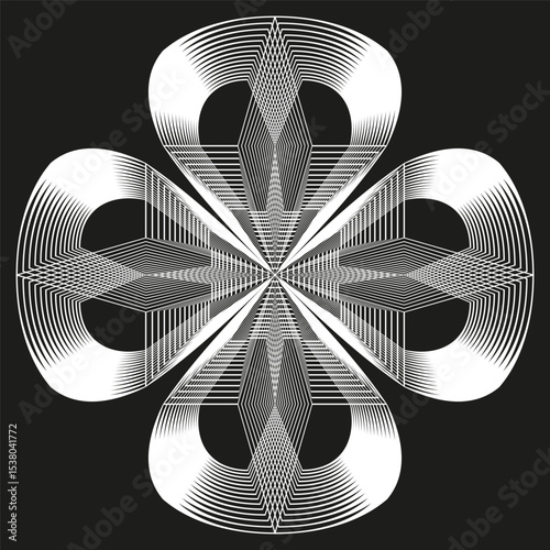 Petal shape design. Grayscale radial pattern. Abstract flower vector. Symmetric visual form.