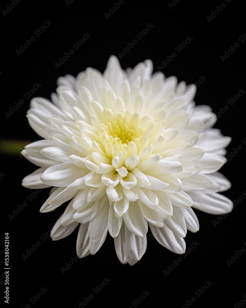 Fototapeta premium Elegant White Chrysanthemum Macro Shot on Black Background, Soft Lighting Highlighting Delicate Petals
