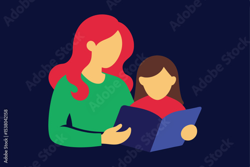 Illustration of a mother with red hair reading a book to her daughter with brown hair.