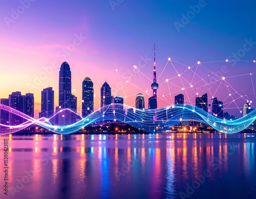 city and abstract dot point , big data connection technology concept, vibrant color hues