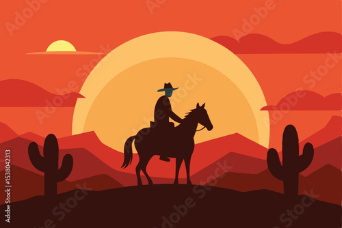 Silhouette of a cowboy riding a horse in the desert against a sunset backdrop with cacti.