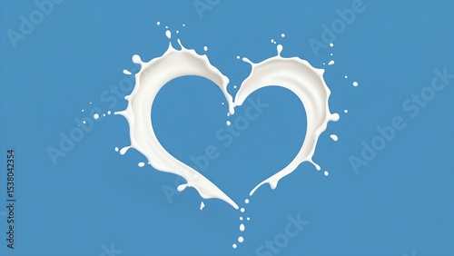 Milk splashing into a heart shape against a light blue background, creating a liquid symbol of love.