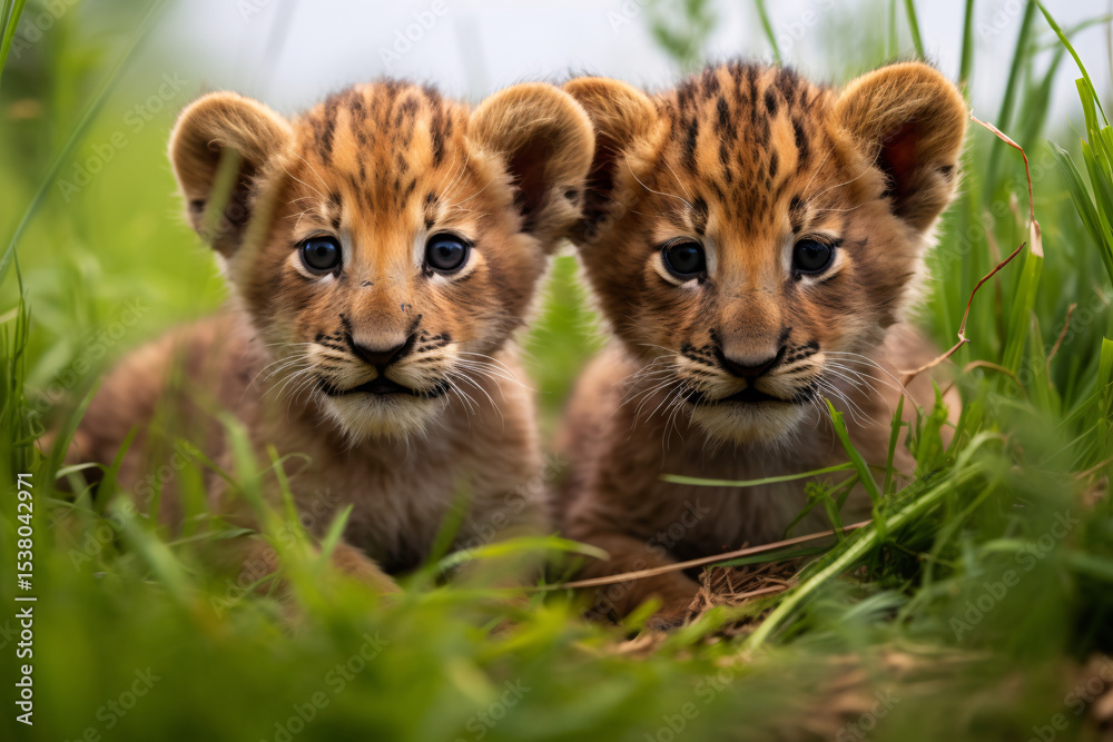 Obraz premium A heartwarming sight of two precious lion cubs nestled closely together in a vibrant green meadow. Their piercing blue eyes gaze directly at the viewer, exuding an irresistible blend of innocence 
