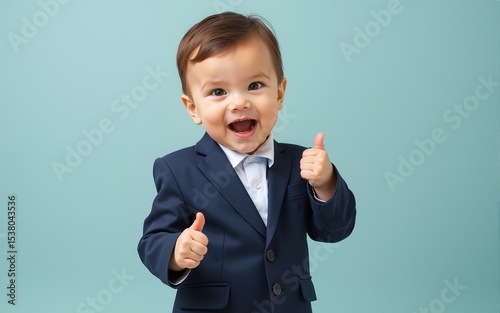 Adorable baby dressed in a formal suit, making playful gestures such as pointing and giving thumbs up. A humorous yet professional scene, showcasing charm, cuteness, and business-inspired creativity.