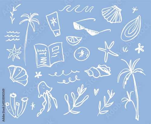 Quirky minimalist hand drawn summer vibes doodle clipart collection