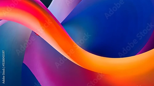 A vibrant abstract composition featuring flowing waves in hues of blue, orange, and pink.