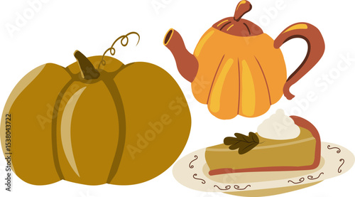 Set of isolated cartoon autumn and Thanksgiving elements: a pumpkin, a teapot, and a slice of pumpkin pie on a plate, in warm orange and brown tones. Ideal for seasonal designs.