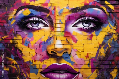 Colorful mural of a woman's face on a brick wall in an urban setting