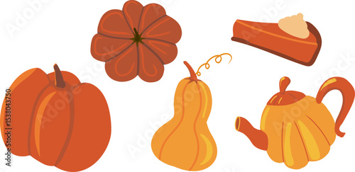 Vector set of pumpkin elements: various pumpkins, teapot, slice of pumpkin pie in warm orange and brown tones. Perfect for autumn decor, Thanksgiving and seasonal design, harvest illustrations.