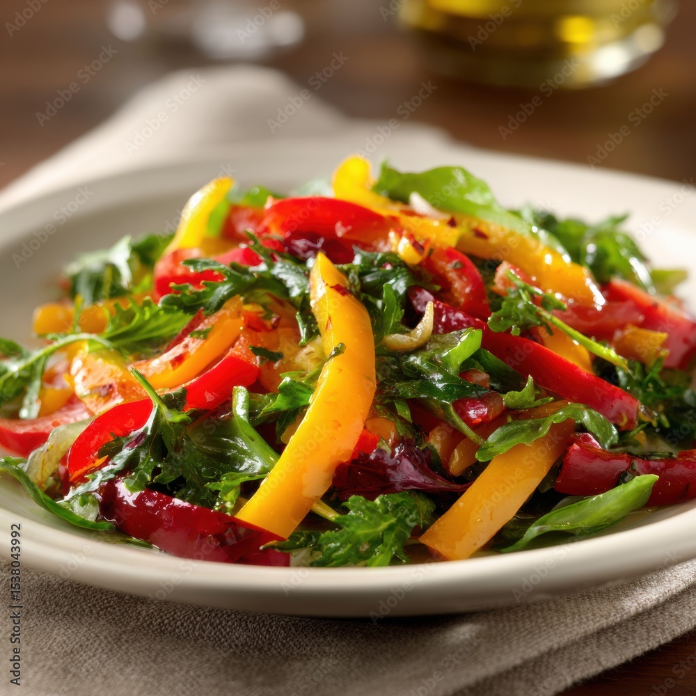 Colorful fresh vegetable salad with mixed greens, yellow and red bell peppers, cherry tomatoes, and herbs served on a white plate for healthy eating Colorful fresh vegetable salad with mixed greens, yellow and red bell peppers, cherry tomatoes, and herbs served on a white plate for healthy eating