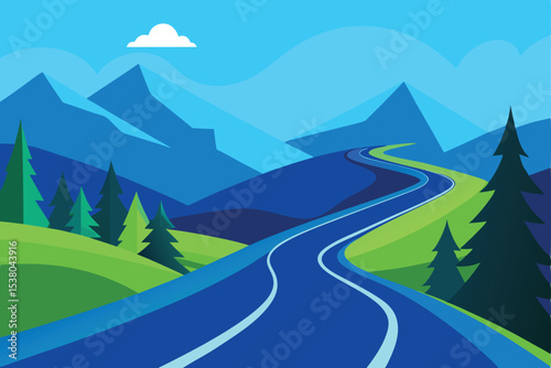 Winding road ascends through vibrant green hills and majestic blue mountains under a clear sky.