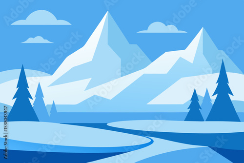 Simple blue winter mountain landscape illustration